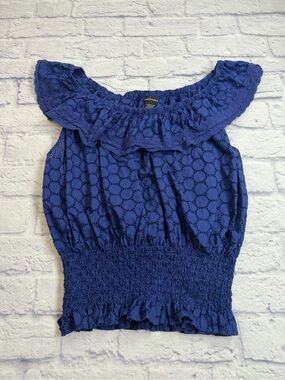 Moda International Royal Blue Off-Shoulder Eyelet Smocked Tank. Size Large.
